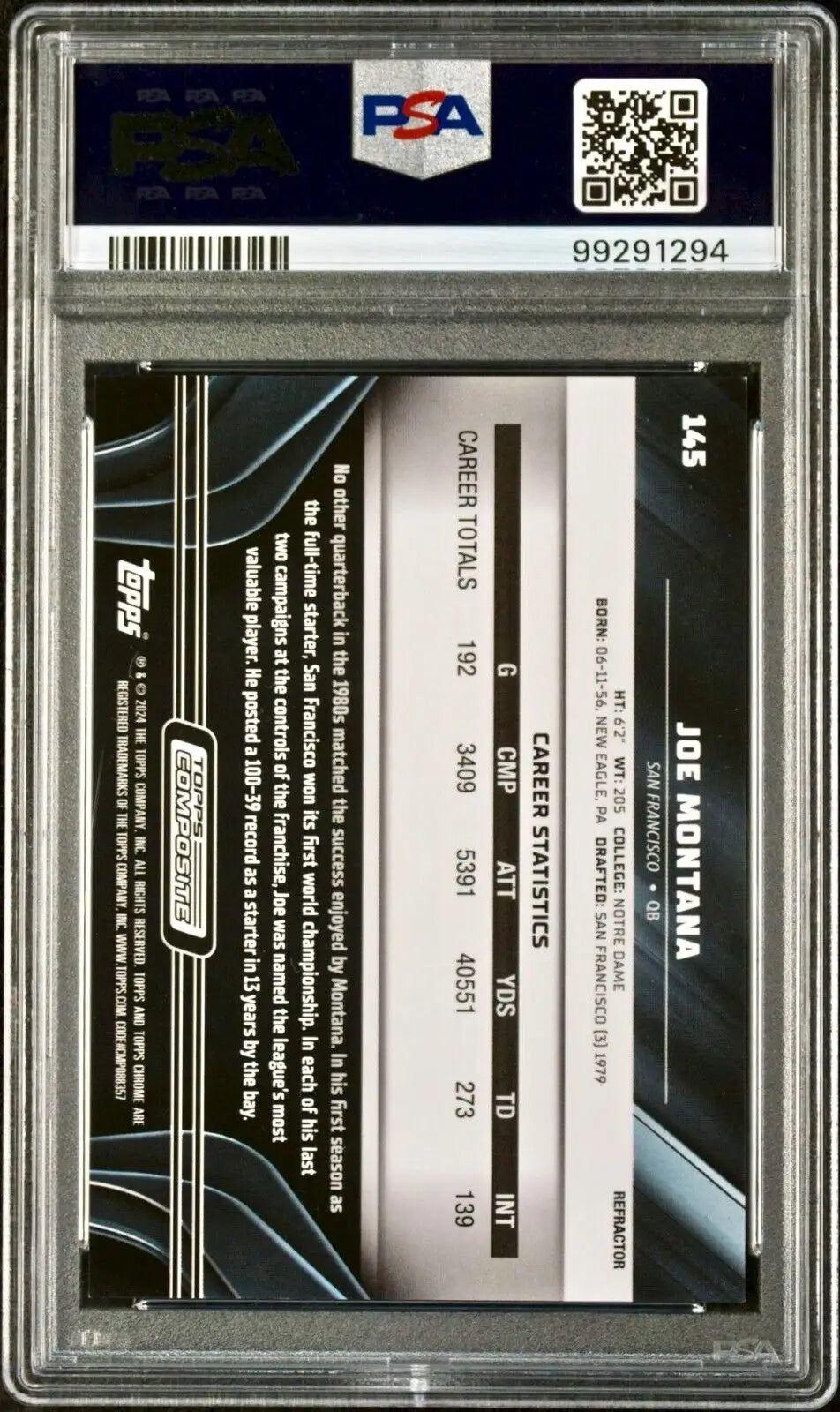 Joe Montana 2023 Topps Chrome Black NFL #145 Refractor 141/199 Card PSA 9 Mint - Football Card Single