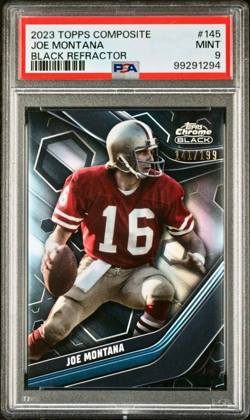 Joe Montana 2023 Topps Chrome Black NFL #145 Refractor 141/199 Card PSA 9 Mint - Football Card Single