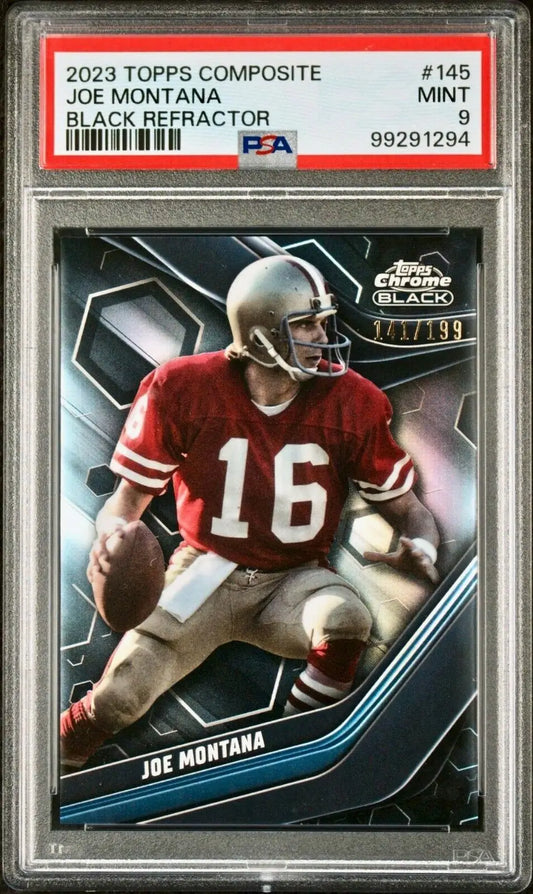 Joe Montana 2023 Topps Chrome Black NFL #145 Refractor 141/199 Card PSA 9 Mint - Football Card Single