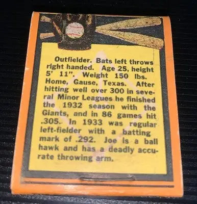 JOE MOORE 1934 New York Giants Diamond Complete Matchbook Baseball Gause Texas - Sports Memorabilia