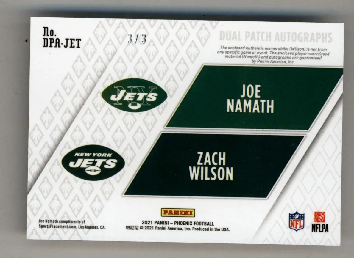Joe Namath/Zach Wilson 2021 Phoenix Dual Patch Auto Green 3/3 - Football Card Single