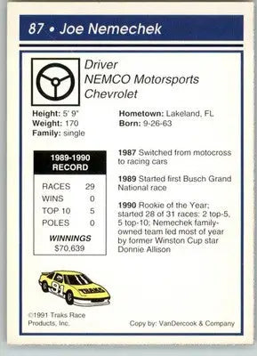 Joe Nemechek - 1991 Traks - #87 - RC Racing - Racing Card Single