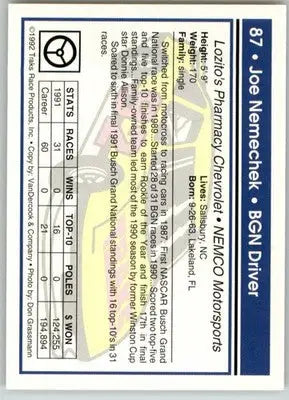 Joe Nemechek - 1992 Traks - #87 - Racing - Racing Card Single