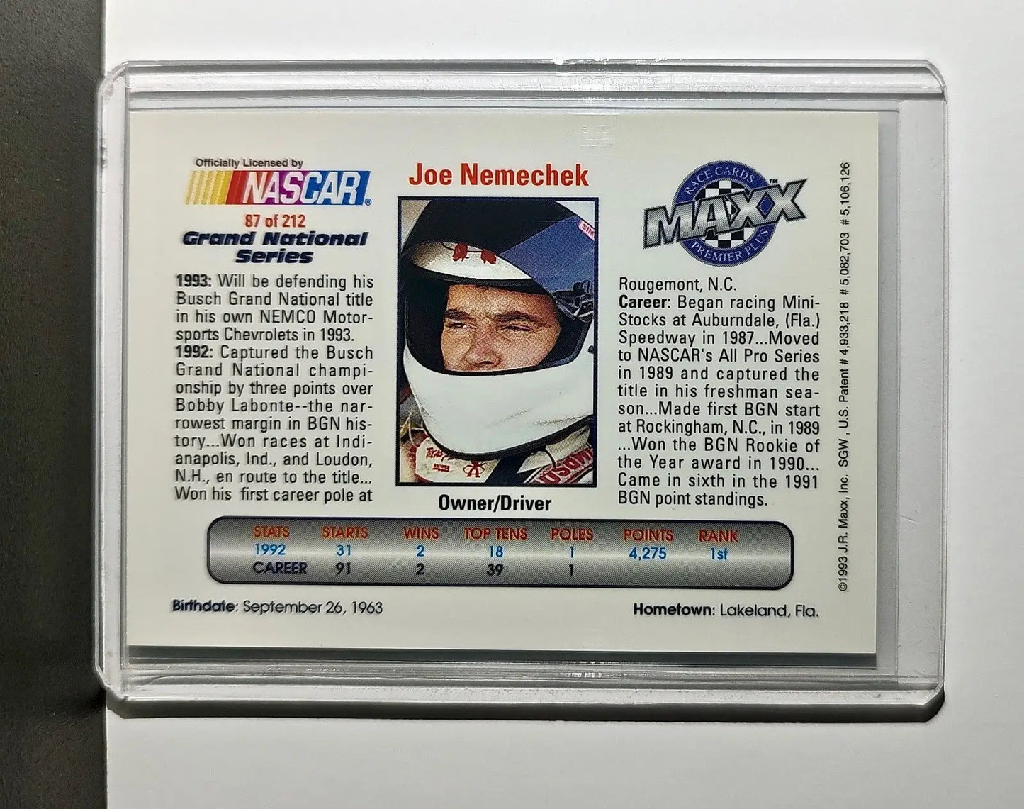 Joe Nemechek 1993 Maxx Premier Plus Racing #87 NASCAR Card NEMCO Motorsports