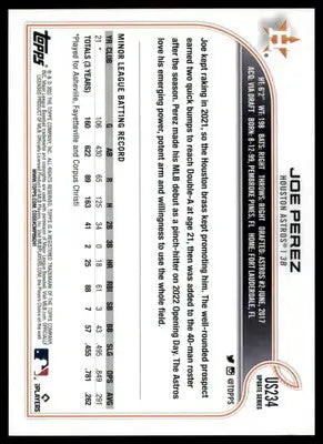Joe Perez Rookie 2022 Topps Update #US234 Houston Astros - Baseball Card Single