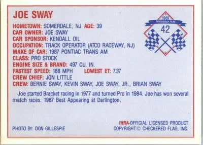 Joe Sway - 1989 Checkered Flag IHRA - #42 - Racing - Racing Card Single