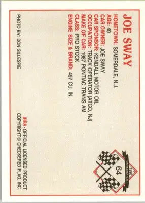 Joe Sway - 1990 Checkered Flag IHRA - #64 - Racing - Racing Card Single