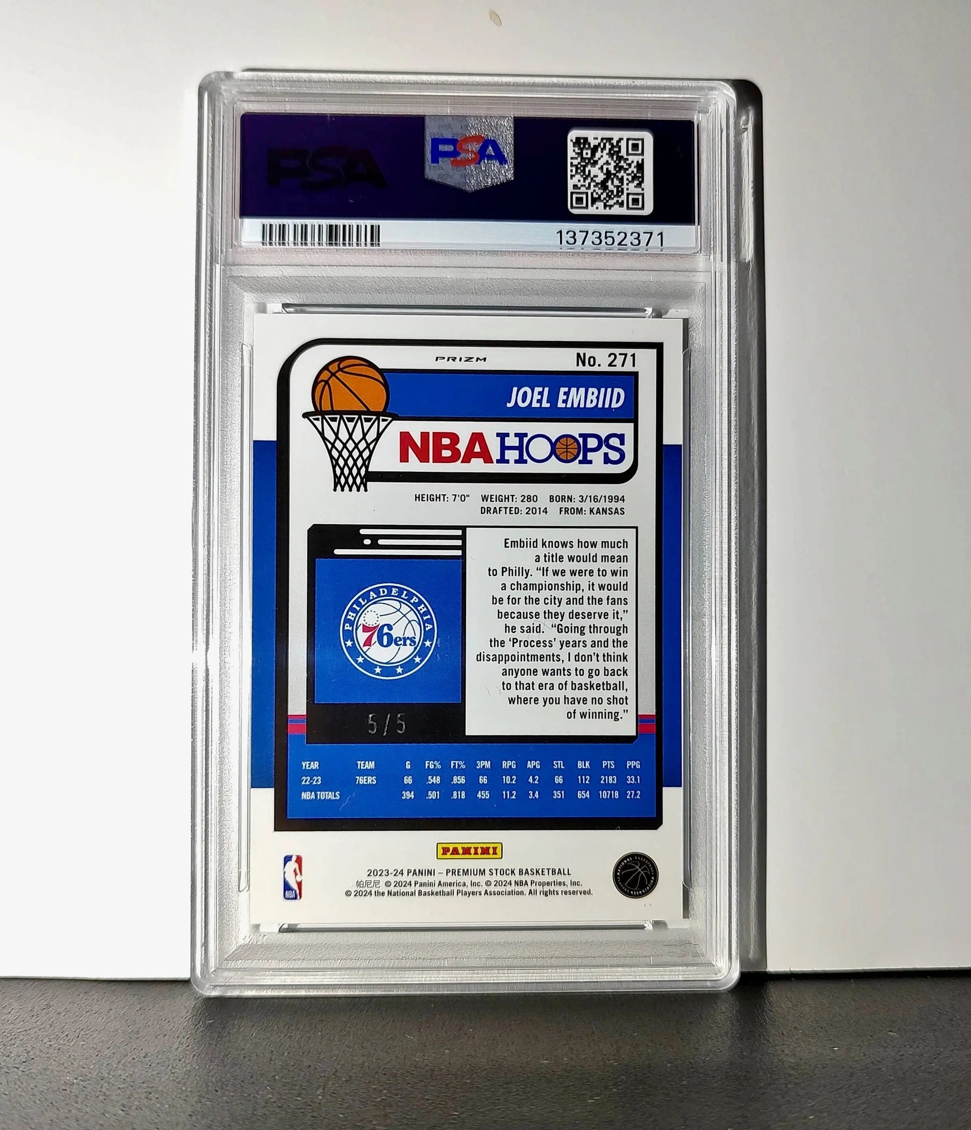 Joel Embiid 2023 Panini Hoops Premium #271 5/5 Green Disco Prizm PSA 9 Mint