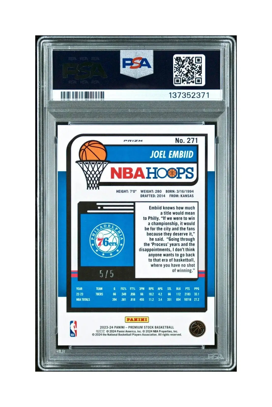 Joel Embiid 2023 Panini Hoops Premium #271 5/5 Green Disco Prizm PSA 9 Mint