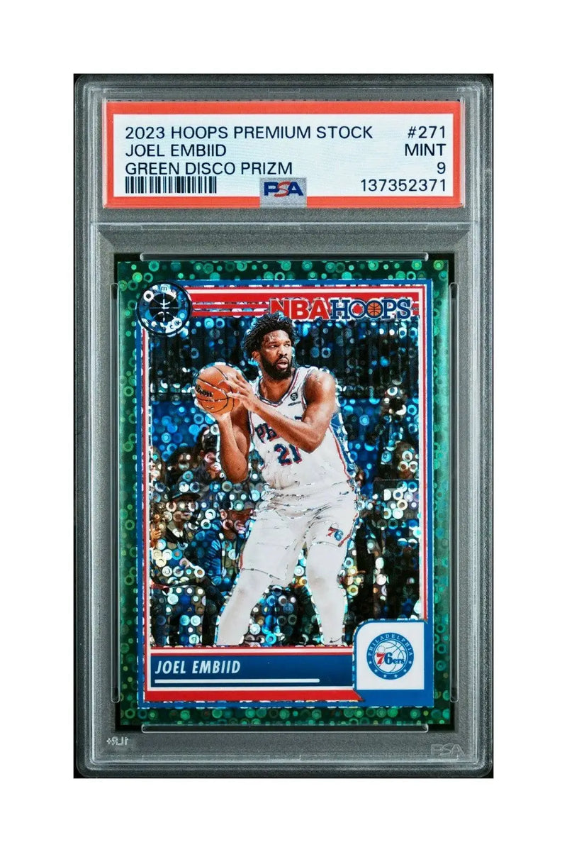 Joel Embiid 2023 Panini Hoops Premium #271 5/5 Green Disco Prizm PSA 9 Mint