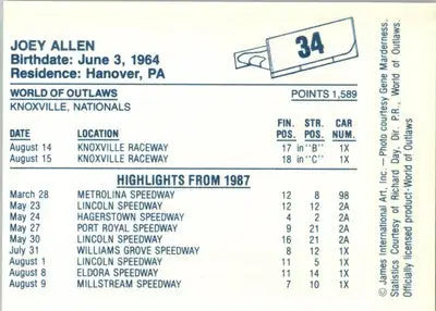 Joey Allen - 1987 World of Outlaws - #34 - Racing - Racing Card Single