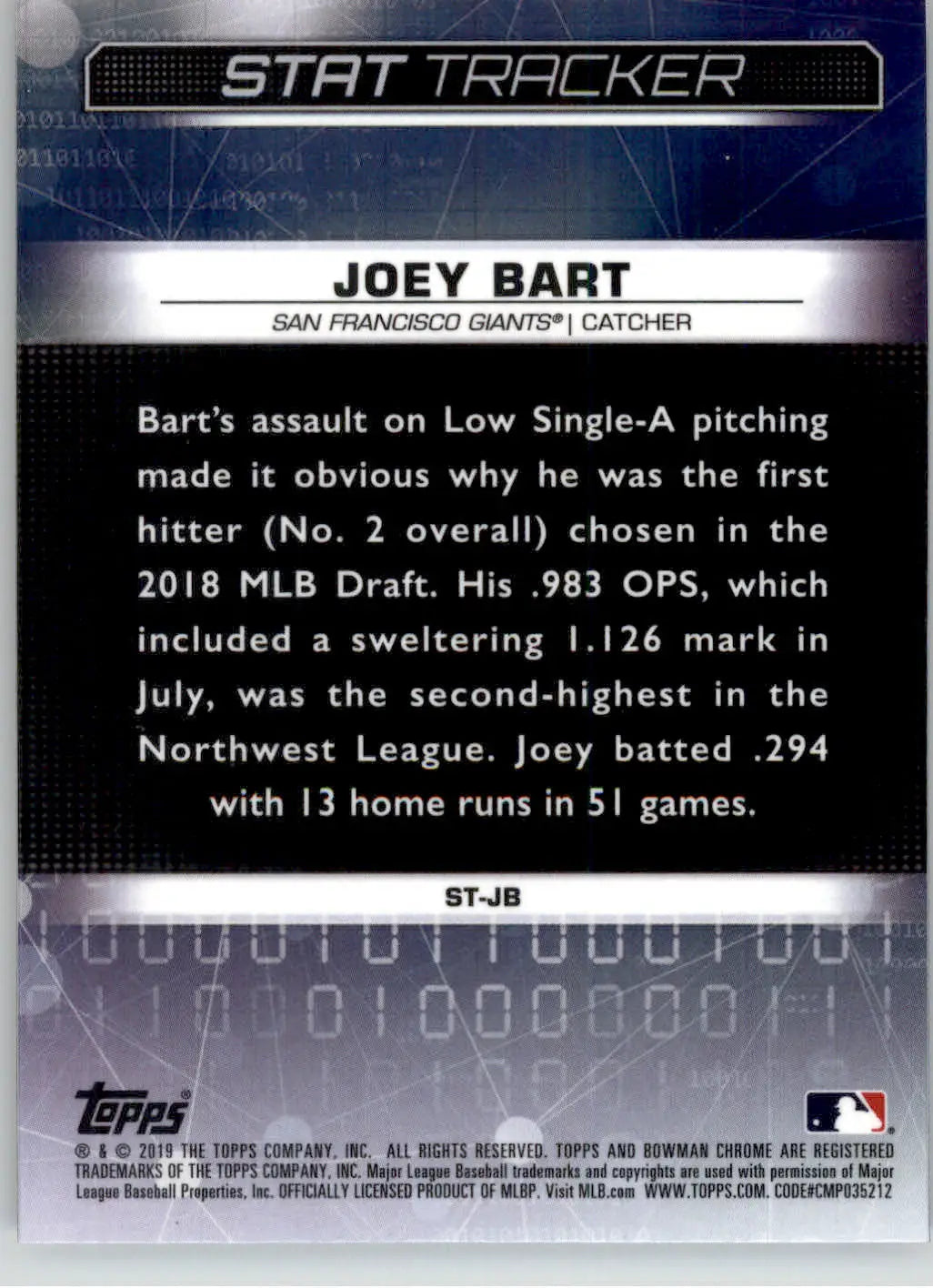 Joey Bart - 2019 Bowman Chrome - #ST-JB - Stat Tracker Baseball - Baseball Card Single