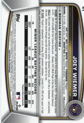 Joey Wiemer Rookie 2023 Bowman Chrome #41 Milwaukee Brewers - Baseball Card Single