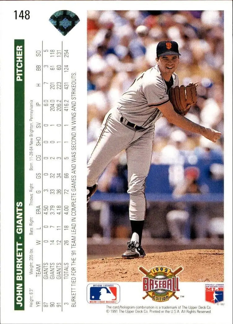John Burkett 1992 Upper Deck MLB #148 Baseball Card San Francisco Giants - Baseball Card Single