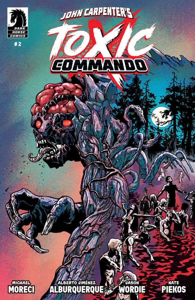Menacing robotic creature with red elements on John Carpenter’s Toxic Commando cover art
