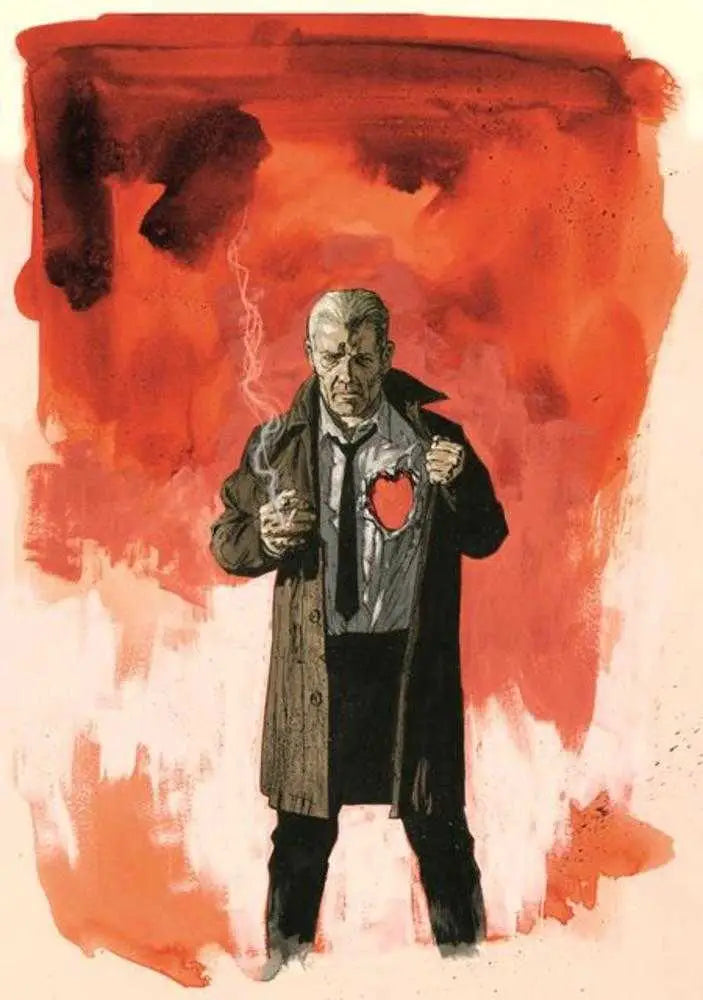 John Constantine figure in long coat smoking against red backdrop for comic cover art