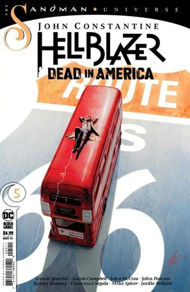 Red double-decker bus with a figure above it in John Constantine Hellblazer Dead In America #5