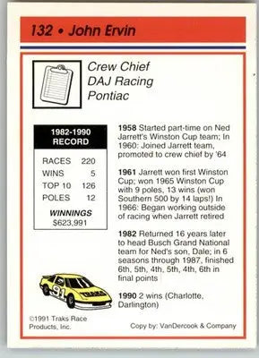 John Ervin - 1991 Traks - #132 - RC Racing - Racing Card Single