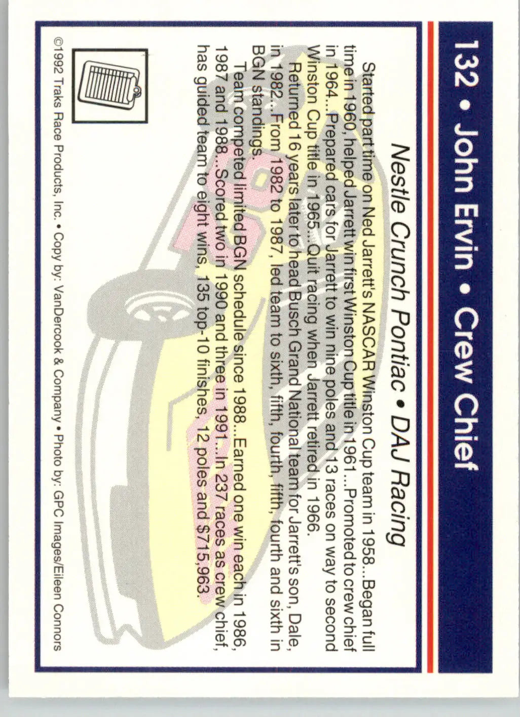 John Ervin - 1992 Traks - #132 - Racing - Racing Card Single