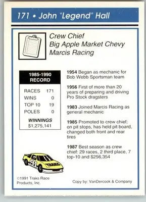 John Hall - 1991 Traks - #171 - RC Racing - Racing Card Single