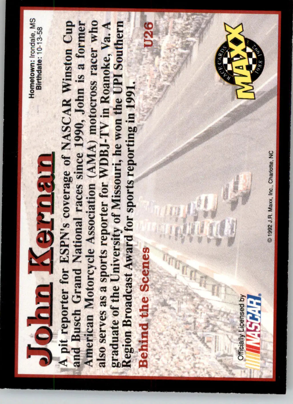 John Kernan - 1992 Maxx Update (Black) - #U26 - Racing - Racing Card Single