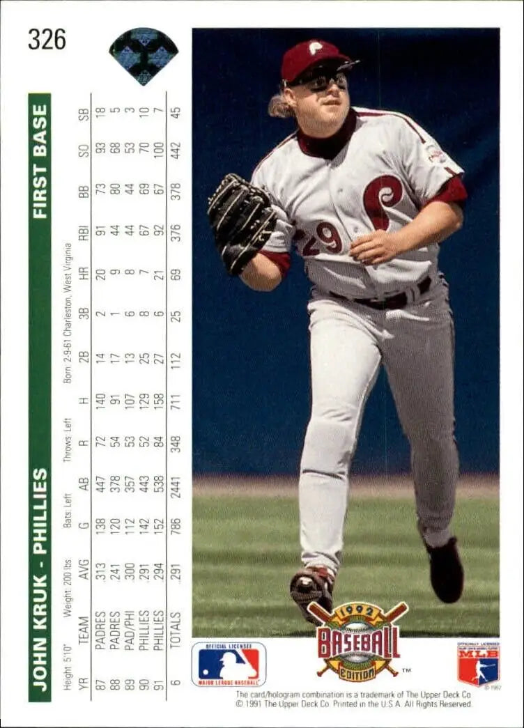 John Kruk 1992 Upper Deck MLB #326 Baseball Card Philadelphia Phillies