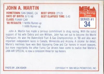 John Martin - 1989 Mega Drag - #34 - Racing - Racing Card Single