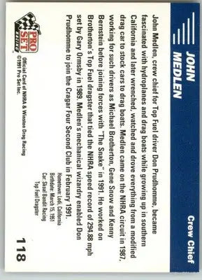 John Medlen - 1991 Pro Set NHRA - #118 - Racing - Racing Card Single