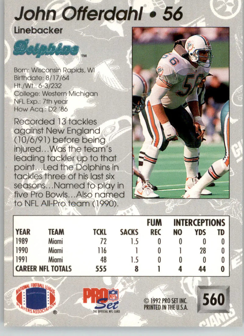John Offerdahl - 1992 Pro Set - #560 - Football - Football Card Single