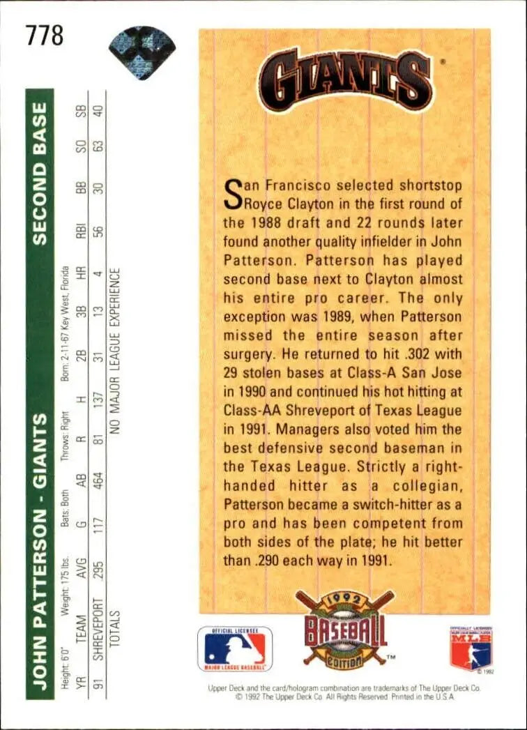 John Patterson 1992 Upper Deck MLB #778 Rookie Baseball Card SF Giants - Baseball Card Single