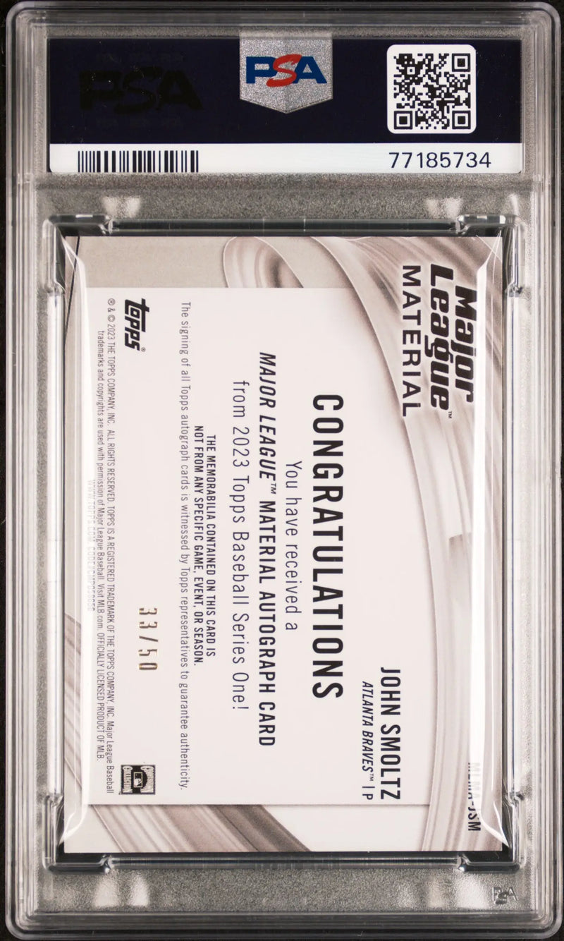 Graded John Smoltz 2023 Topps Major League Material Auto trading card with sticker
