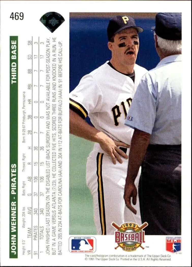 John Wehner 1992 Upper Deck MLB #469 Baseball Card Pittsburgh Pirates