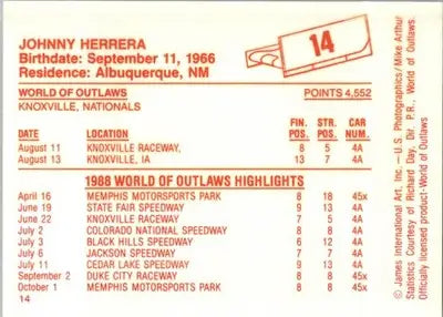Johnny Herrera - 1988 World of Outlaws - #14 - Racing - Racing Card Single