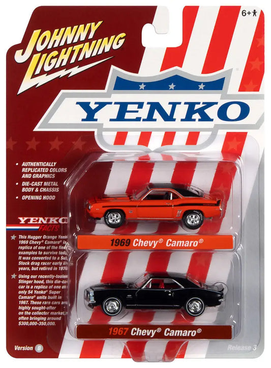 Johnny Lightning 1:64 Chevy Camaro die-cast car set series featuring 1969 and 1967 models