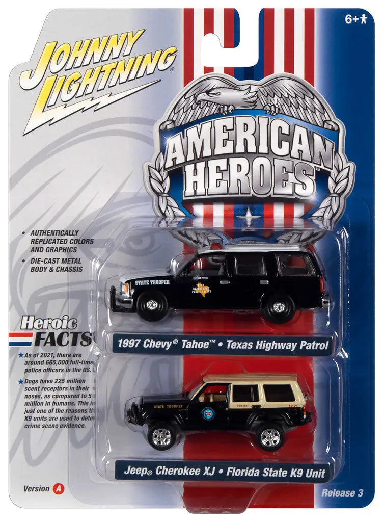 Toy car packaging of Johnny Lightning Chevy Tahoe and Jeep Cherokee in American Heroes set