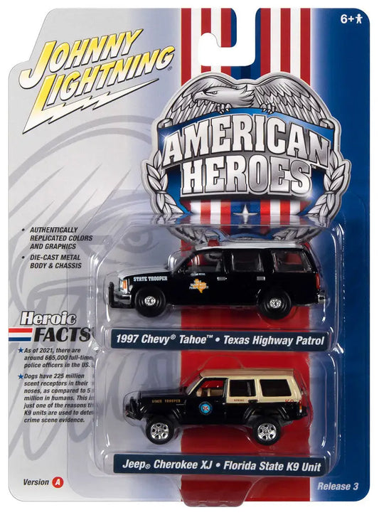 Toy car packaging of Johnny Lightning Chevy Tahoe and Jeep Cherokee in American Heroes set