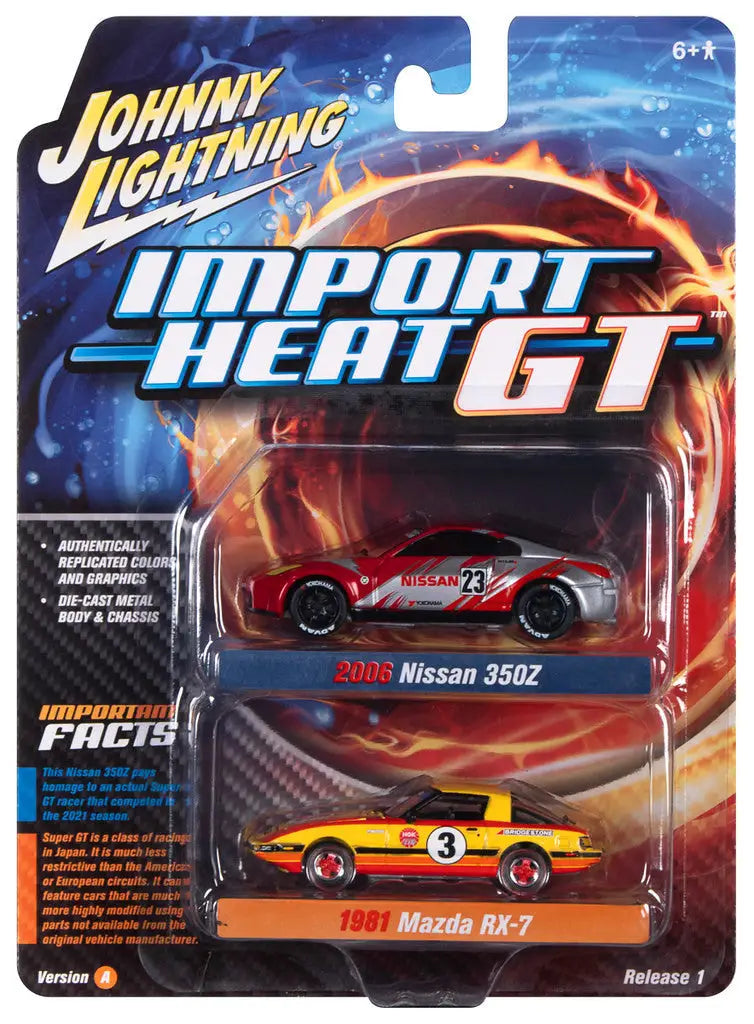 Johnny Lightning car set series featuring Nissan 350Z and Mazda RX-7 toy vehicles