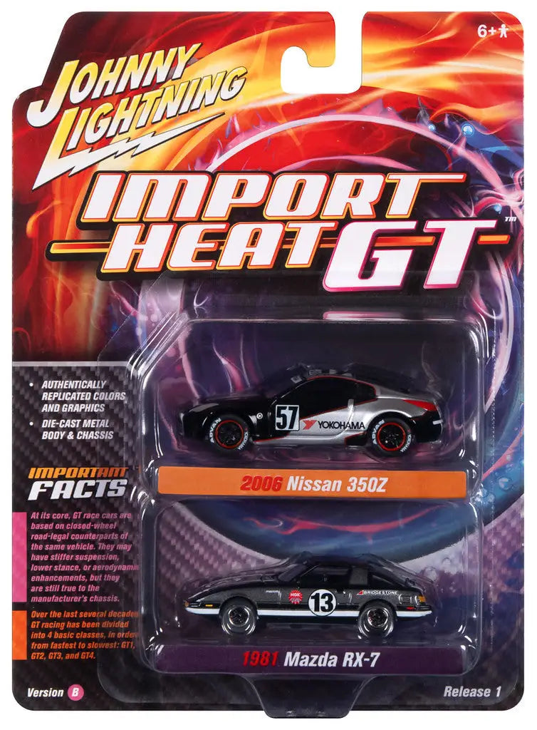Toy car packaging showcasing Johnny Lightning car set series with Nissan 350Z and Mazda RX-7