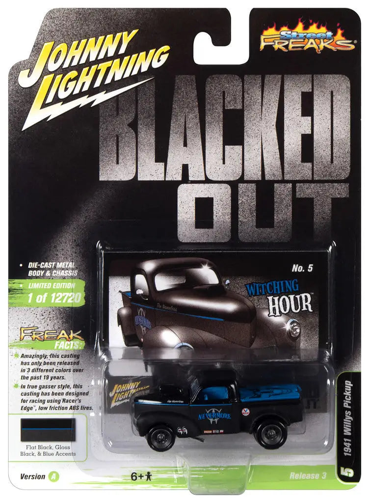 Die-cast model of Johnny Lightning Blacked Out Willys Pickup Flat Black in packaging