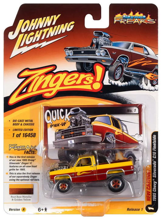 Die-cast Johnny Lightning Street Freaks Ver A yellow and red 1985 Chevy Silverado C10 truck