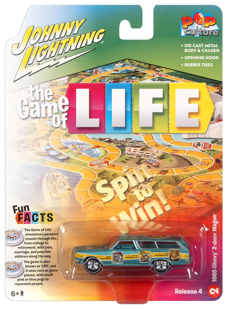 Toy car packaging with The Game of Life branding featuring Johnny Lightning JLPC009 model