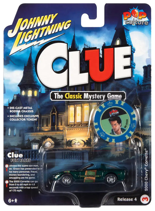 Packaged Johnny Lightning Chevy Corvette Clue toy car from Pop Culture merchandise line