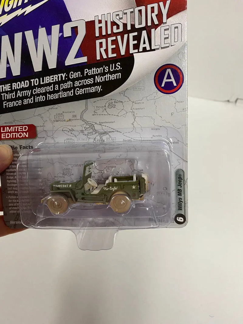 Johnny Lightning WW2 History Revealed Willys MB Jeep in olive green packaging