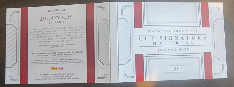Johnny Mize 2019 Panini National Treasures Auto Jersey Booklet #1/5 - Baseball Card Single