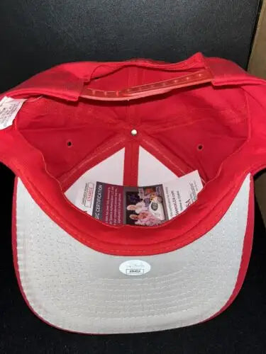 Red interior of Johnny Oates Texas Rangers HOF autographed baseball hat cap