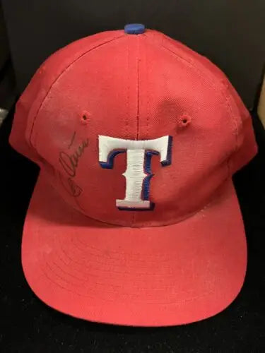 Red baseball hat cap featuring a white T logo for Johnny Oates Texas Rangers HOF