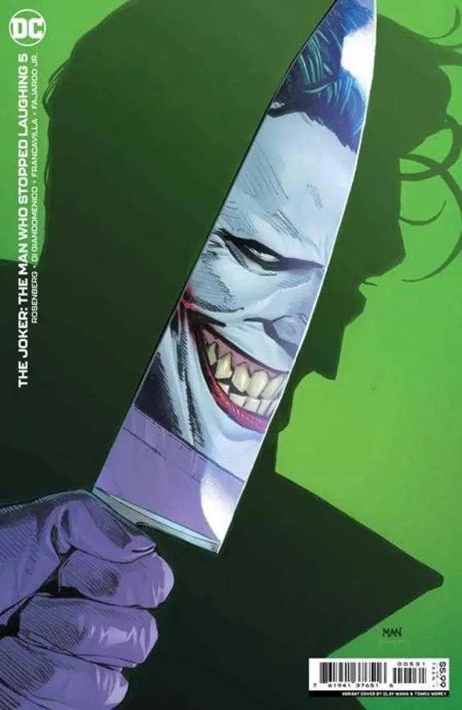 Joker The Man Who Stopped Laughing #5 Cover C showcases a sinister face in a knife blade