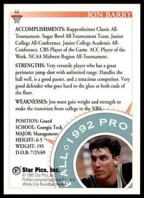 Jon Barry 1992 Star Pics #44 Georgia Tech Yellow Jackets - Basketball Card Single