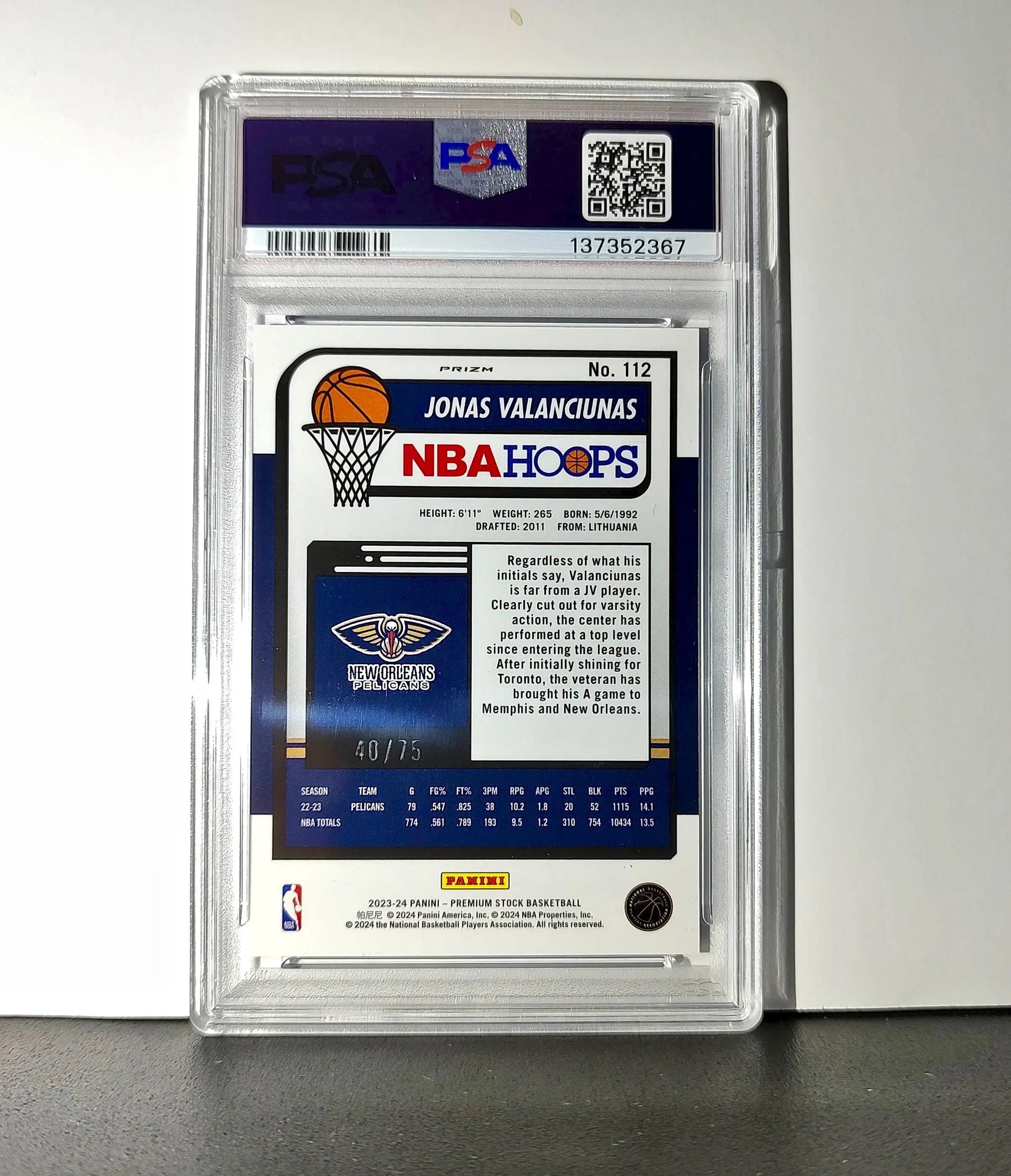Jonas Valanciunas 2023 Panini Hoops Premium #112 40/75 Blue Pulsar PSA 10 Gem - Basketball Card Single