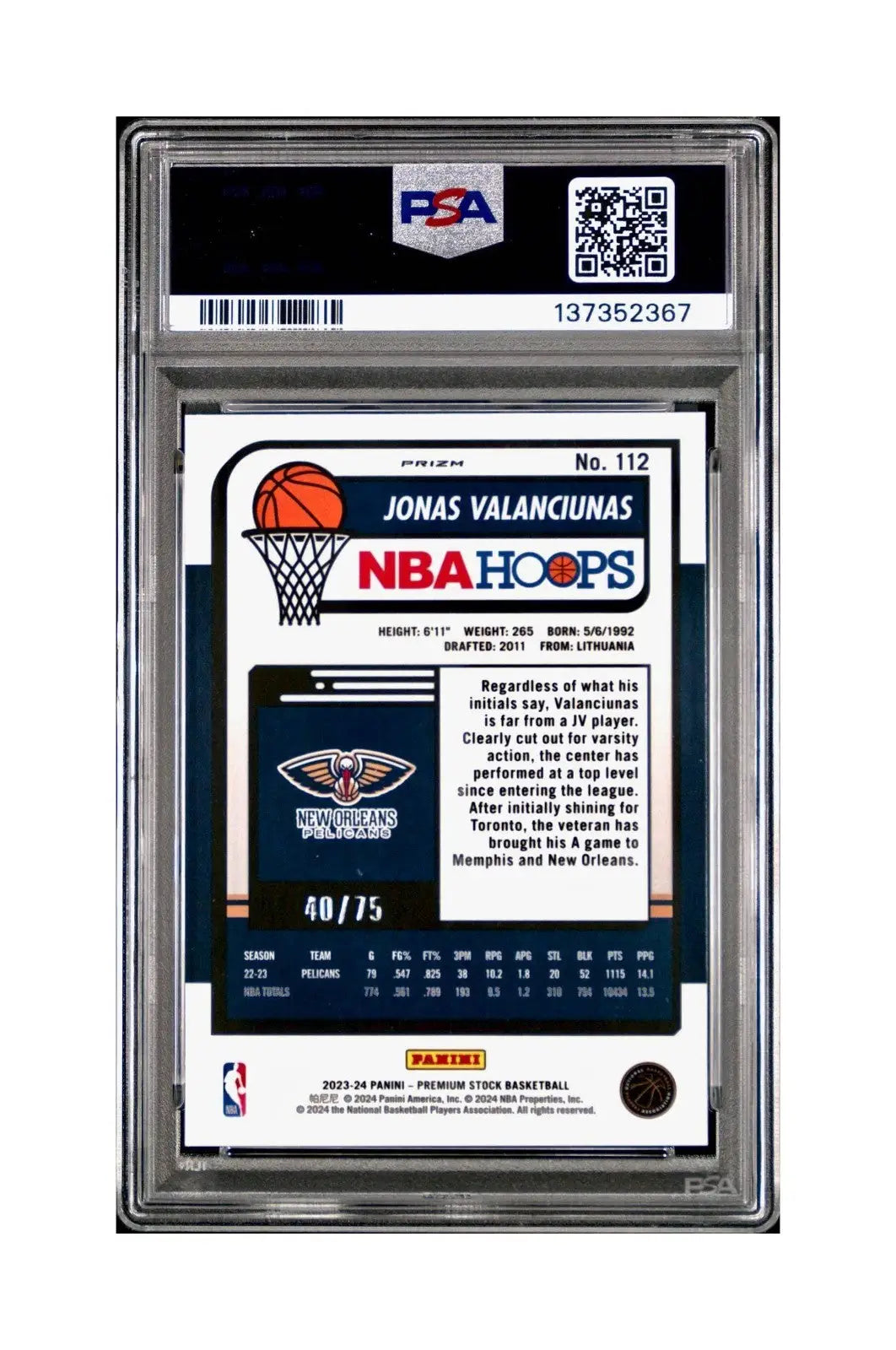 Jonas Valanciunas 2023 Panini Hoops Premium #112 40/75 Blue Pulsar PSA 10 Gem - Basketball Card Single